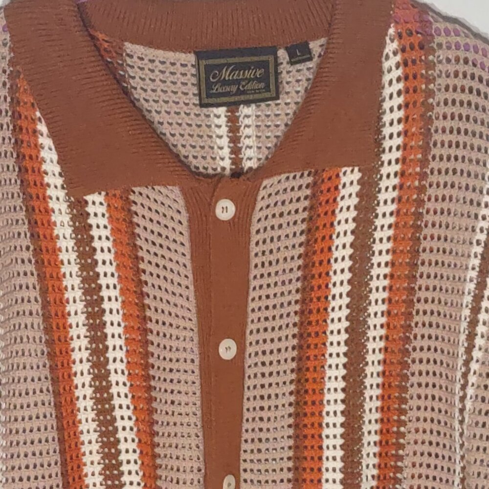 Massive Luxury Edition Crochet Knit Button Shirt Brown, Cream, Rust Stripe L NWT - Picture 2 of 8
